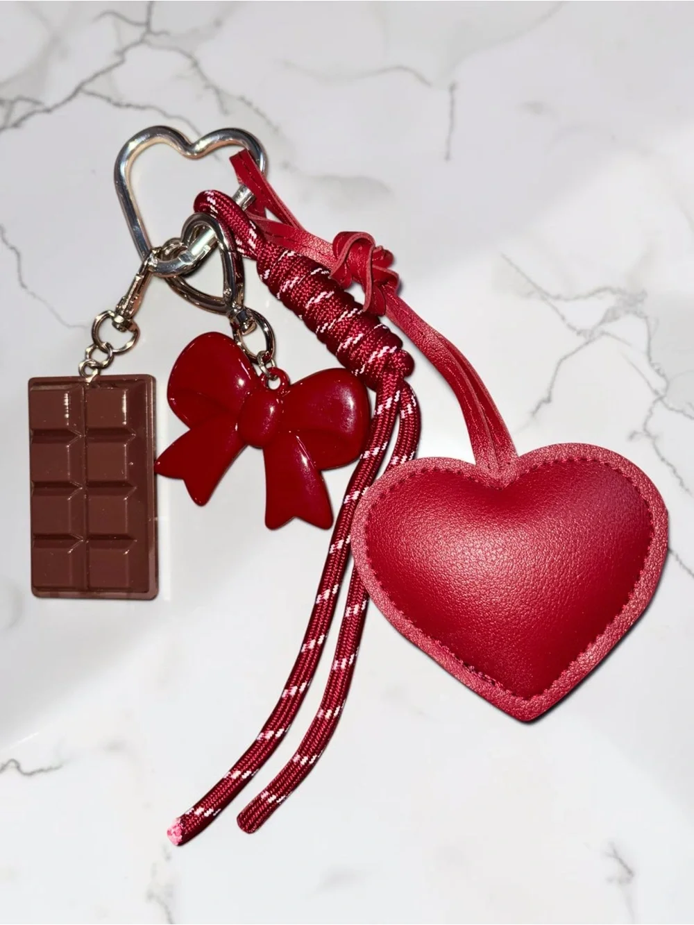 Red Heart & Bow Keychain Charm with Chocolate Pendant - Women Accessories